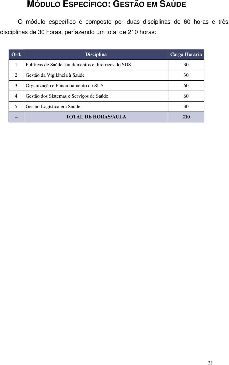 Disciplina Carga Horária 1 Políticas de Saúde: fundamentos e diretrizes do SUS 30 2 Gestão da Vigilância à