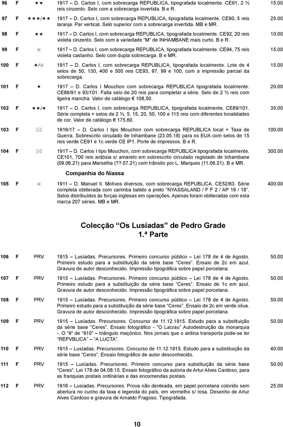 Carlos I, com sobrecarga REPUBLICA, tipografada localmente. CE92, 20 reis violeta cinzento. Selo com a variedade M de INHAMBANE mais curto. B e R. 99 F 8 1917 D.