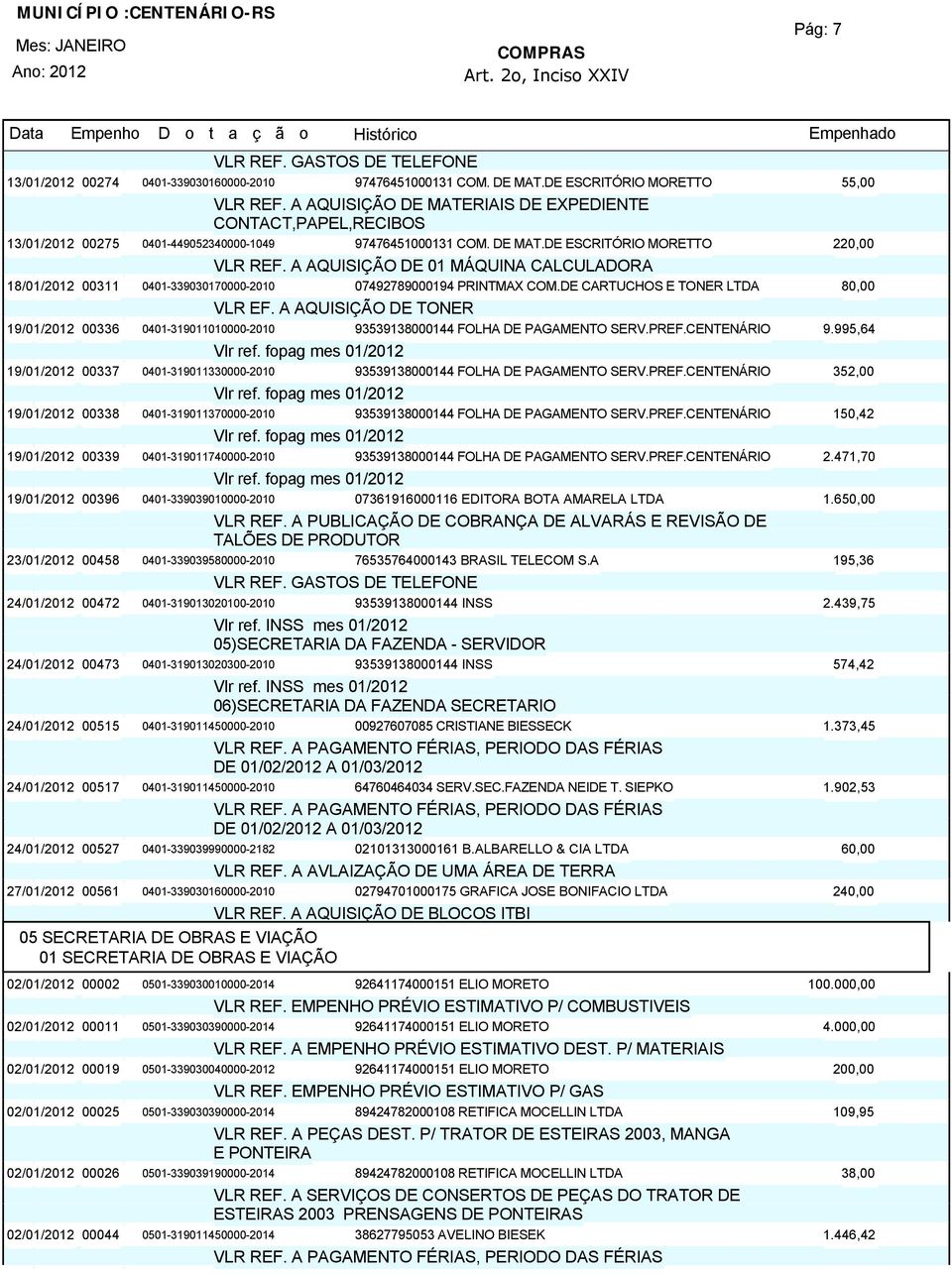 A AQUISIÇÃO DE 01 MÁQUINA CALCULADORA 18/01/201200311 0401-339030170000-2010 07492789000194 PRINTMAX COM.DE CARTUCHOS E TONER LTDA 80,00 VLR EF.