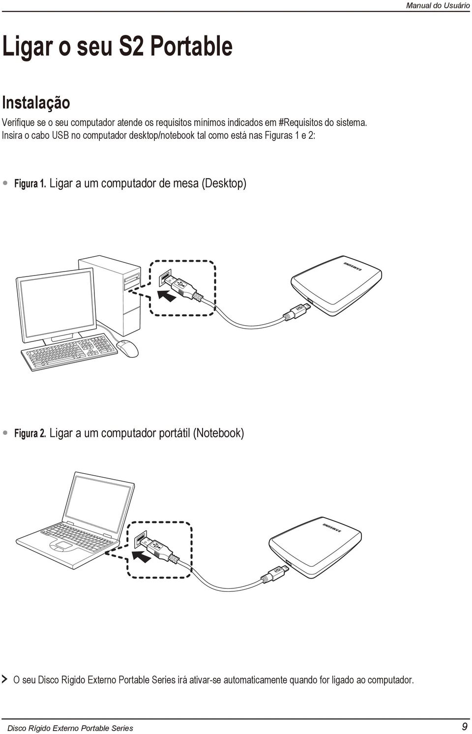 Insira o cabo USB no computador desktop/notebook tal como está nas Figuras 1 e 2: Figura 1.