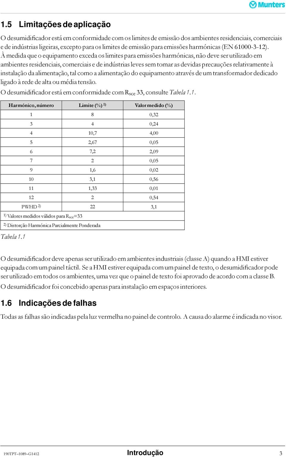 À medida que o equipamento exceda os limites para emissões harmónicas, não deve ser utilizado em ambientes residenciais, comerciais e de indústrias leves sem tomar as devidas precauções relativamente