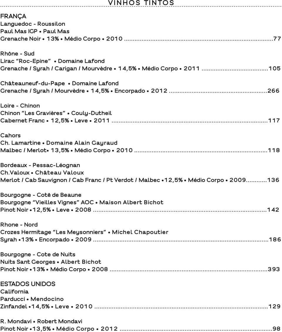 ..266 Loire - Chinon Chinon Les Gravières Couly-Dutheil Cabernet Franc 12,5% Leve 2011...117 Cahors Ch. Lamartine Domaine Alain Gayraud Malbec / Merlot 13,5% Médio Corpo 2010.