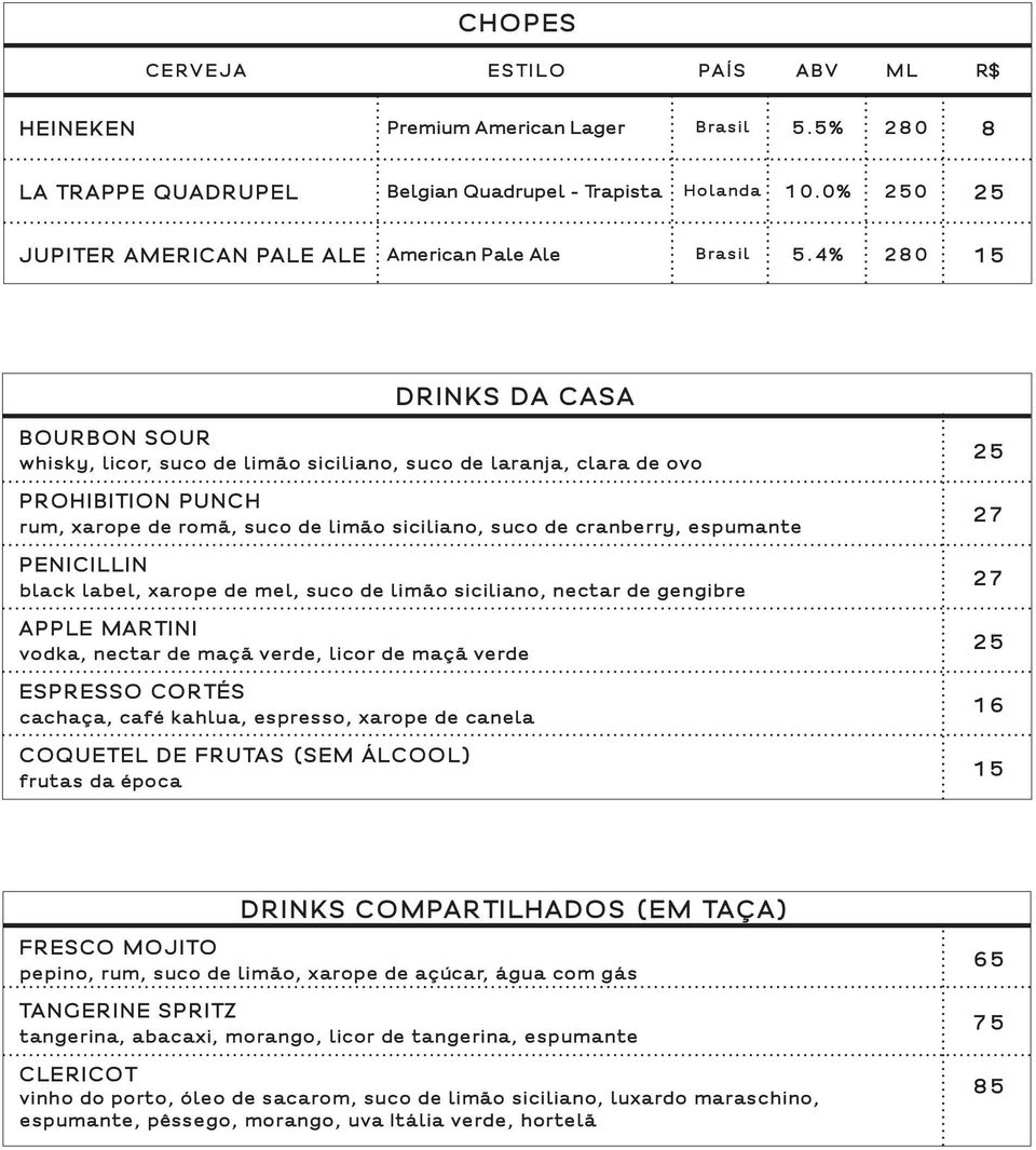 4% 280 15 DRINKS DA CASA BOURBON SOUR whisky, licor, suco de limăo siciliano, suco de laranja, clara de ovo PROHIBITION PUNCH rum, xarope de romă, suco de limăo siciliano, suco de cranberry,