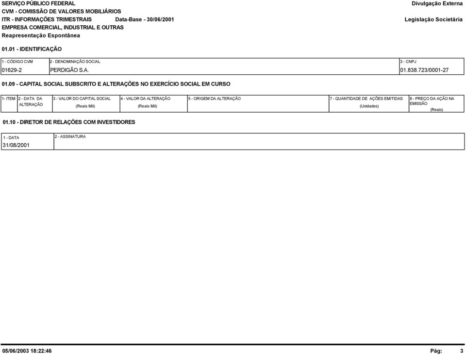 09 - CAPITAL SOCIAL SUBSCRITO E ALTERAÇÕES NO EXERCÍCIO SOCIAL EM CURSO 1- ITEM 2 - DATA DA ALTERAÇÃO 3 - VALOR DO CAPITAL SOCIAL (Reais Mil) 4 - VALOR DA