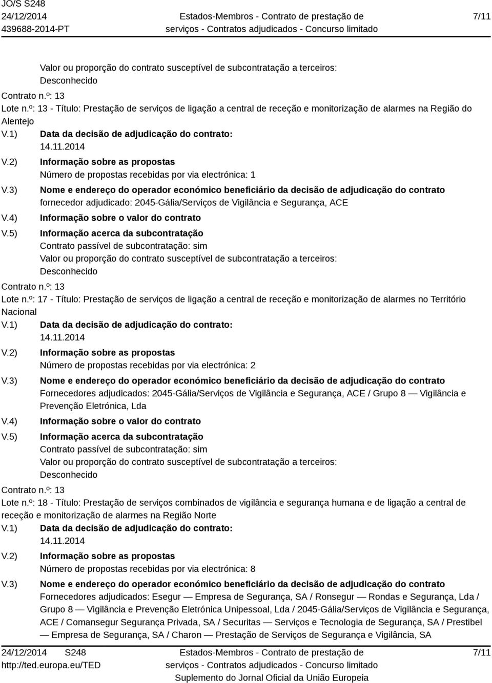 º: 17 - Título: Prestação de serviços de ligação a central de receção e monitorização de alarmes no Território Nacional V.