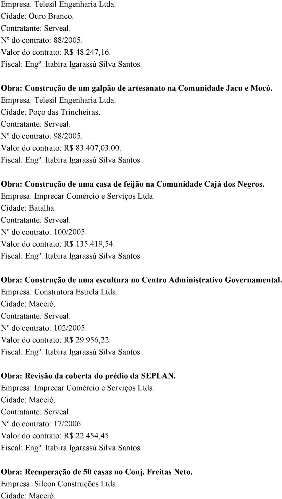 Empresa: Imprecar Comércio e Serviços Ltda. Cidade: Batalha. Nº do contrato: 100/2005. Valor do contrato: R$ 135.419,54. Obra: Construção de uma escultura no Centro Administrativo Governamental.