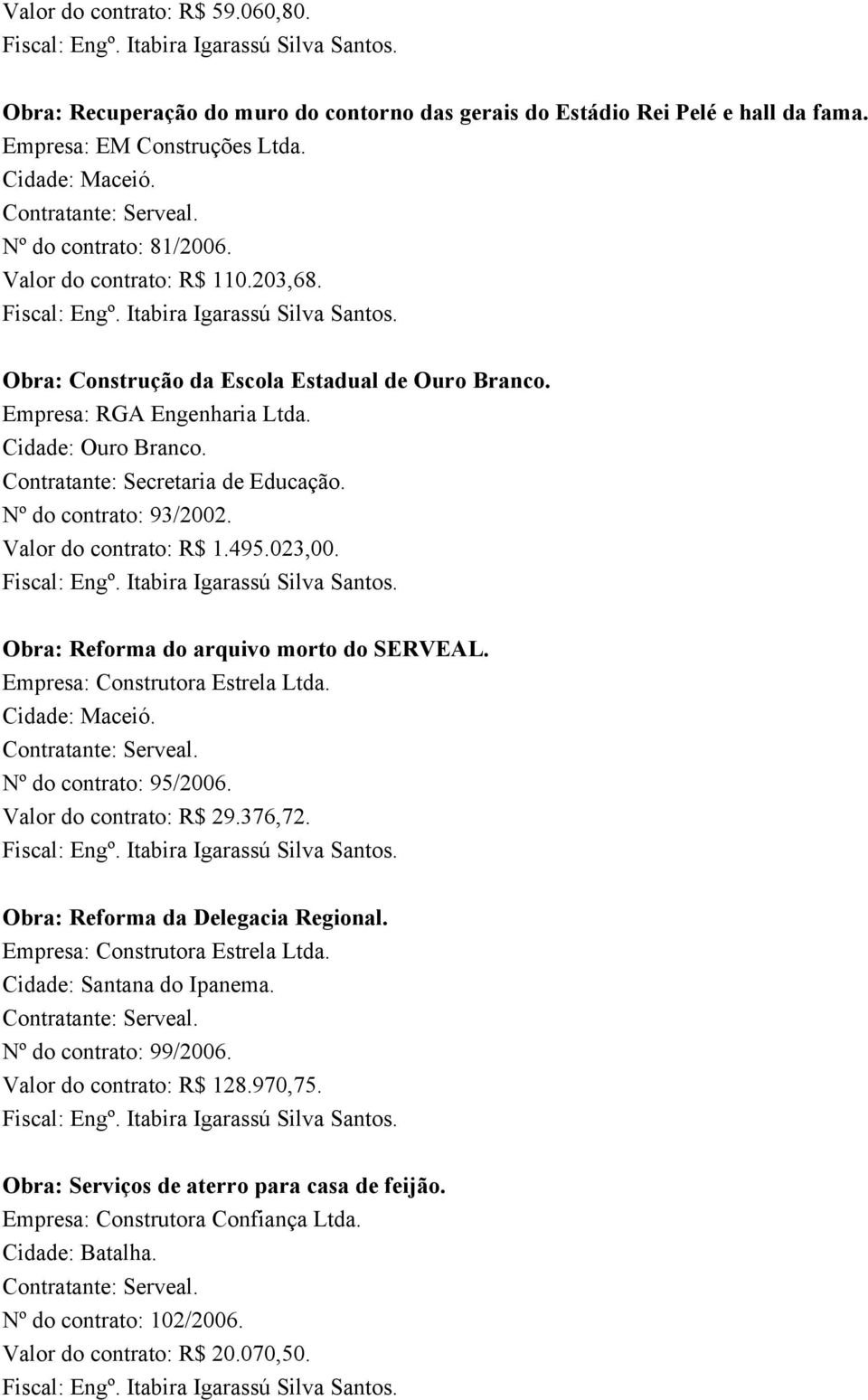 Obra: Reforma do arquivo morto do SERVEAL. Empresa: Construtora Estrela Ltda. Nº do contrato: 95/2006. Valor do contrato: R$ 29.376,72. Obra: Reforma da Delegacia Regional.