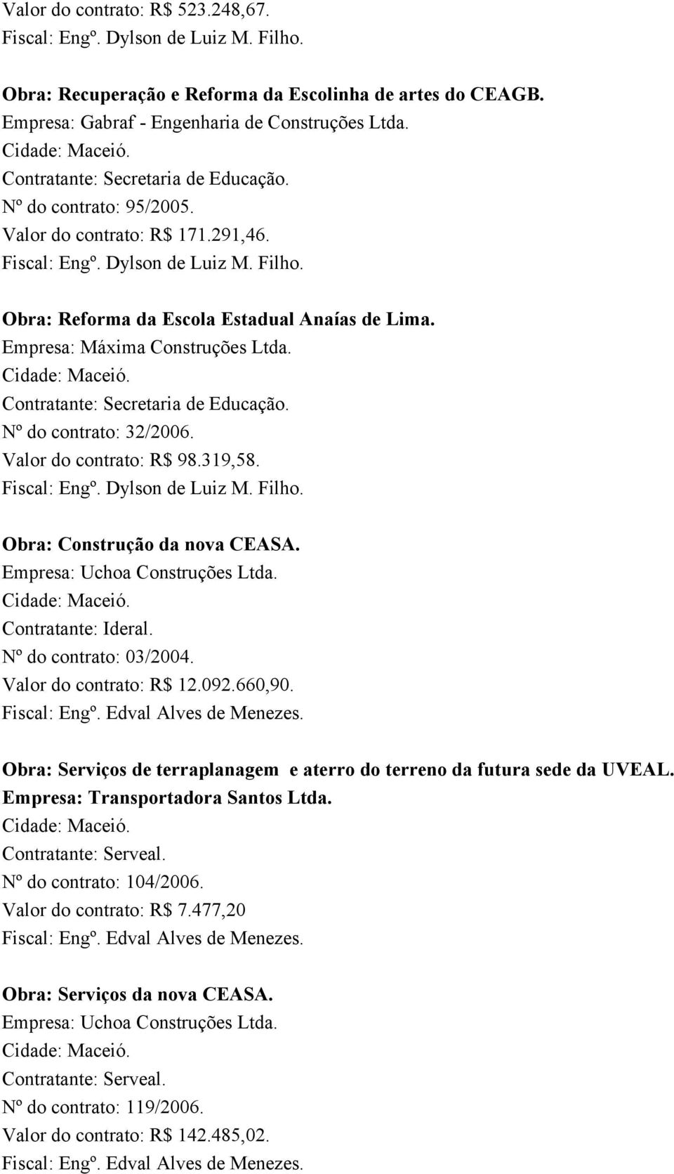 Nº do contrato: 32/2006. Valor do contrato: R$ 98.319,58. Fiscal: Engº. Dylson de Luiz M. Filho. Obra: Construção da nova CEASA. Empresa: Uchoa Construções Ltda. Contratante: Ideral.