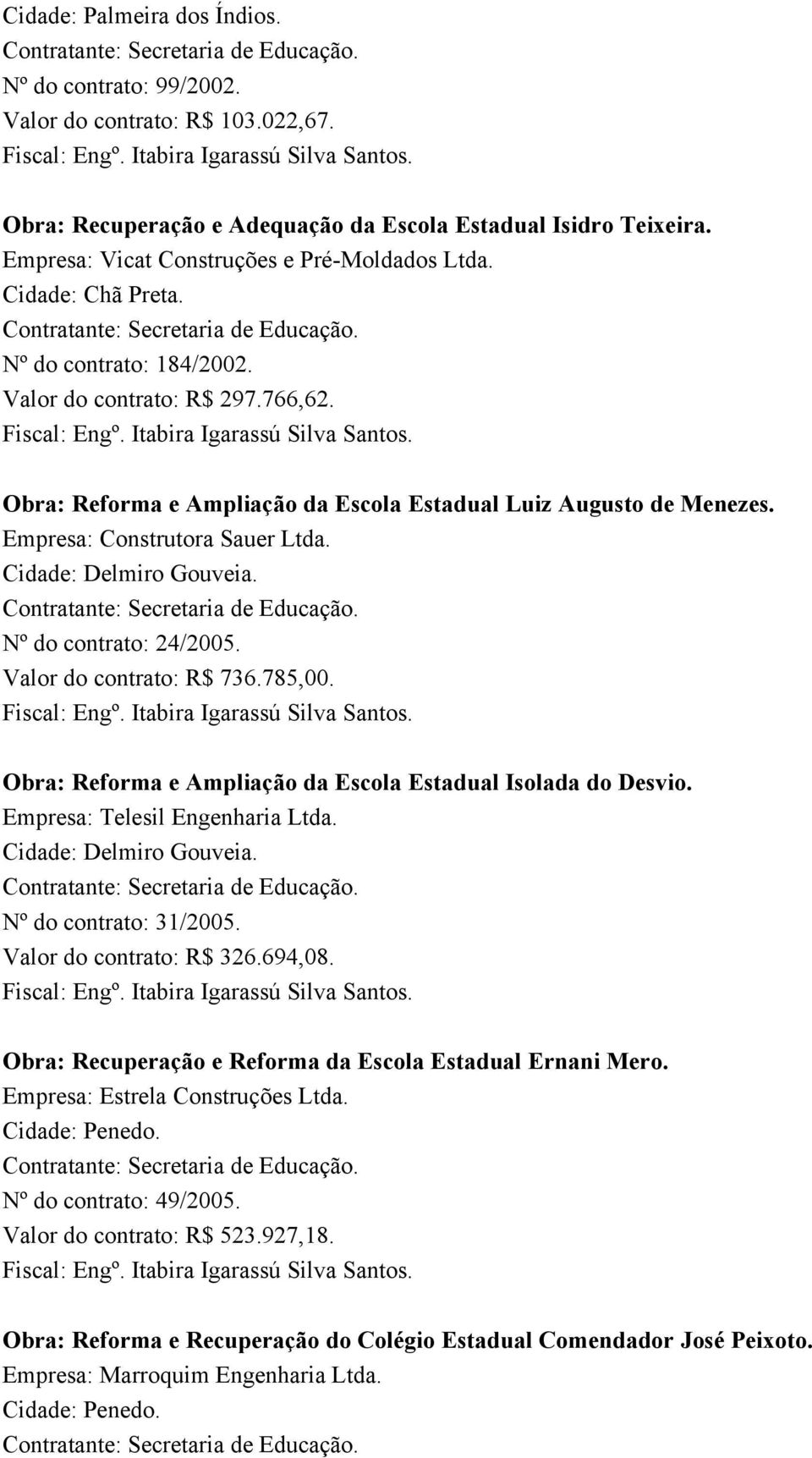 Empresa: Construtora Sauer Ltda. Cidade: Delmiro Gouveia. Nº do contrato: 24/2005. Valor do contrato: R$ 736.785,00. Obra: Reforma e Ampliação da Escola Estadual Isolada do Desvio.