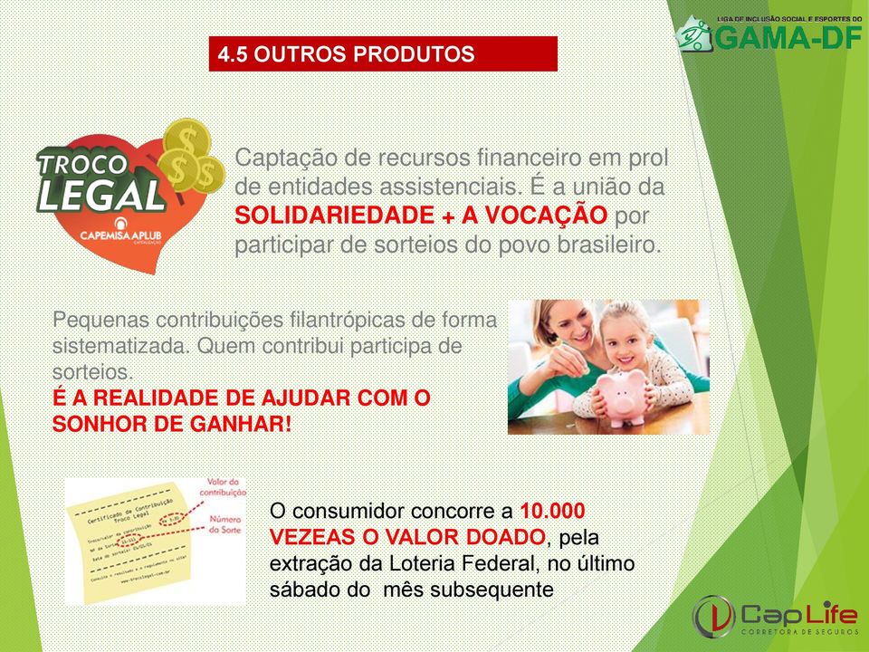 Pequenas contribuições filantrópicas de forma sistematizada. Quem contribui participa de sorteios.