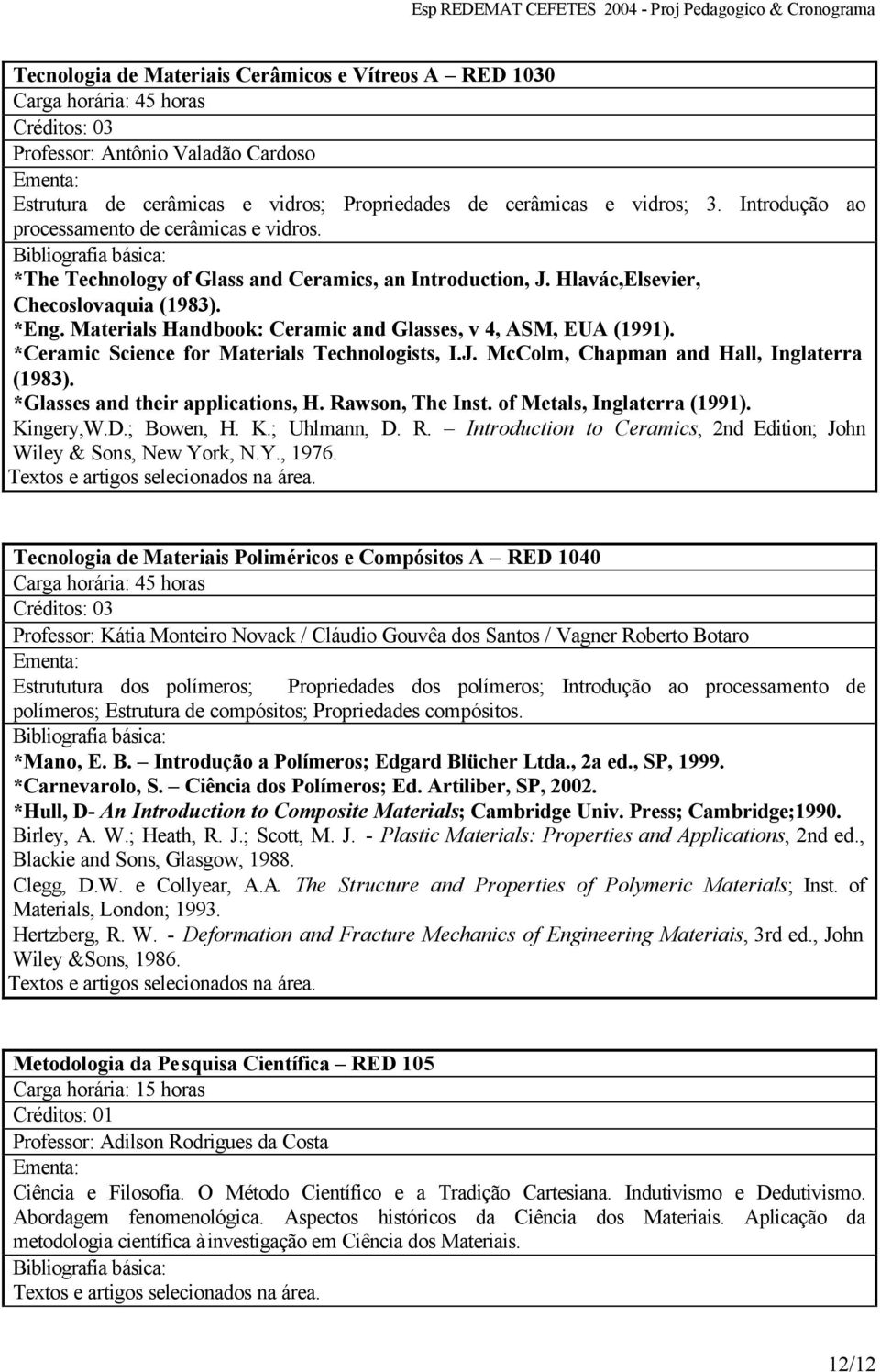 Materials Handbook: Ceramic and Glasses, v, ASM, EUA (99). *Ceramic Science for Materials Technologists, I.J. McColm, Chapman and Hall, Inglaterra (98). *Glasses and their applications, H.