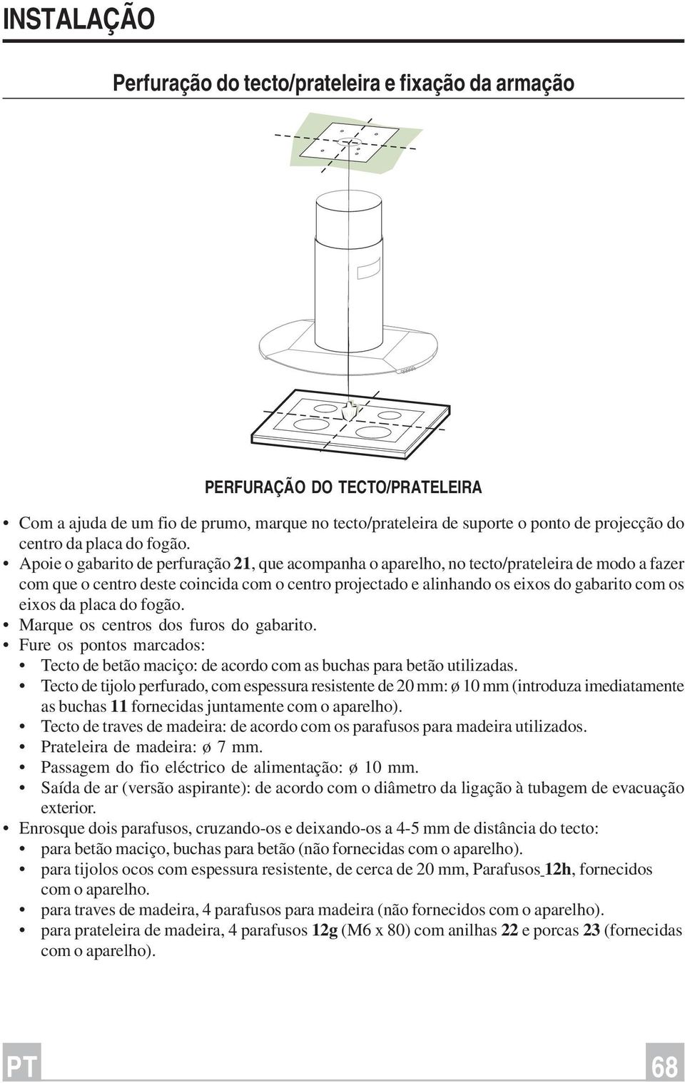 Apoie o gabarito de perfuração 21, que acompanha o aparelho, no tecto/prateleira de modo a fazer com que o centro deste coincida com o centro projectado e alinhando os eixos do gabarito com os eixos