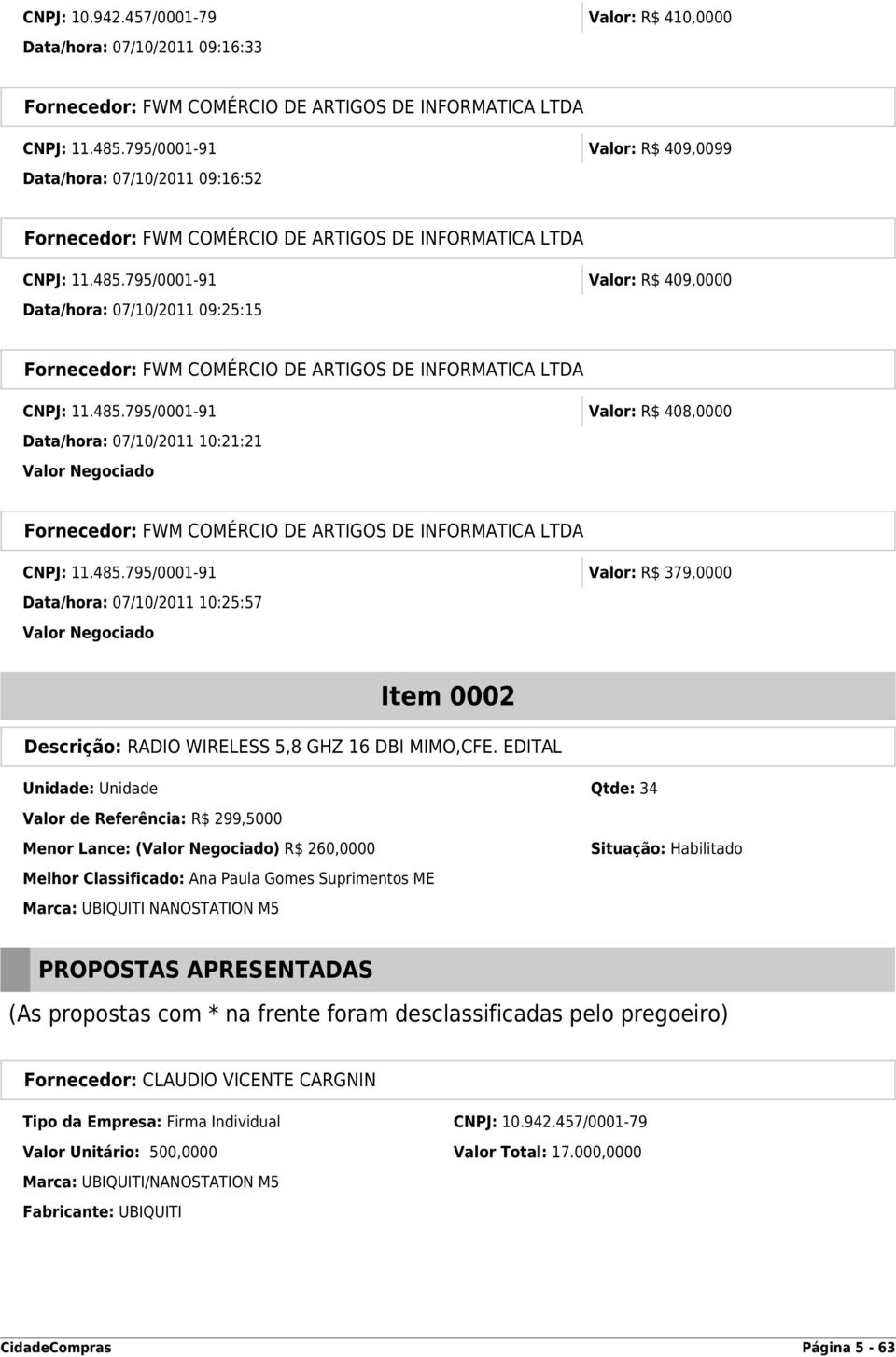 EDITAL Unidade: Unidade Qtde: 34 Valor de Referência: R$ 299,5000 Menor Lance: (Valor Negociado) R$ 260,0000 Melhor Classificado: Ana Paula Gomes Suprimentos ME Marca: UBIQUITI NANOSTATION M5