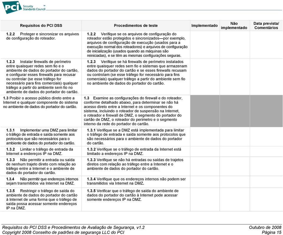 firewalls para recusar ou controlar (se esse tráfego for necessário para fins comerciais) qualquer tráfego a partir do ambiente sem fio no ambiente de dados do portador do cartão. 1.