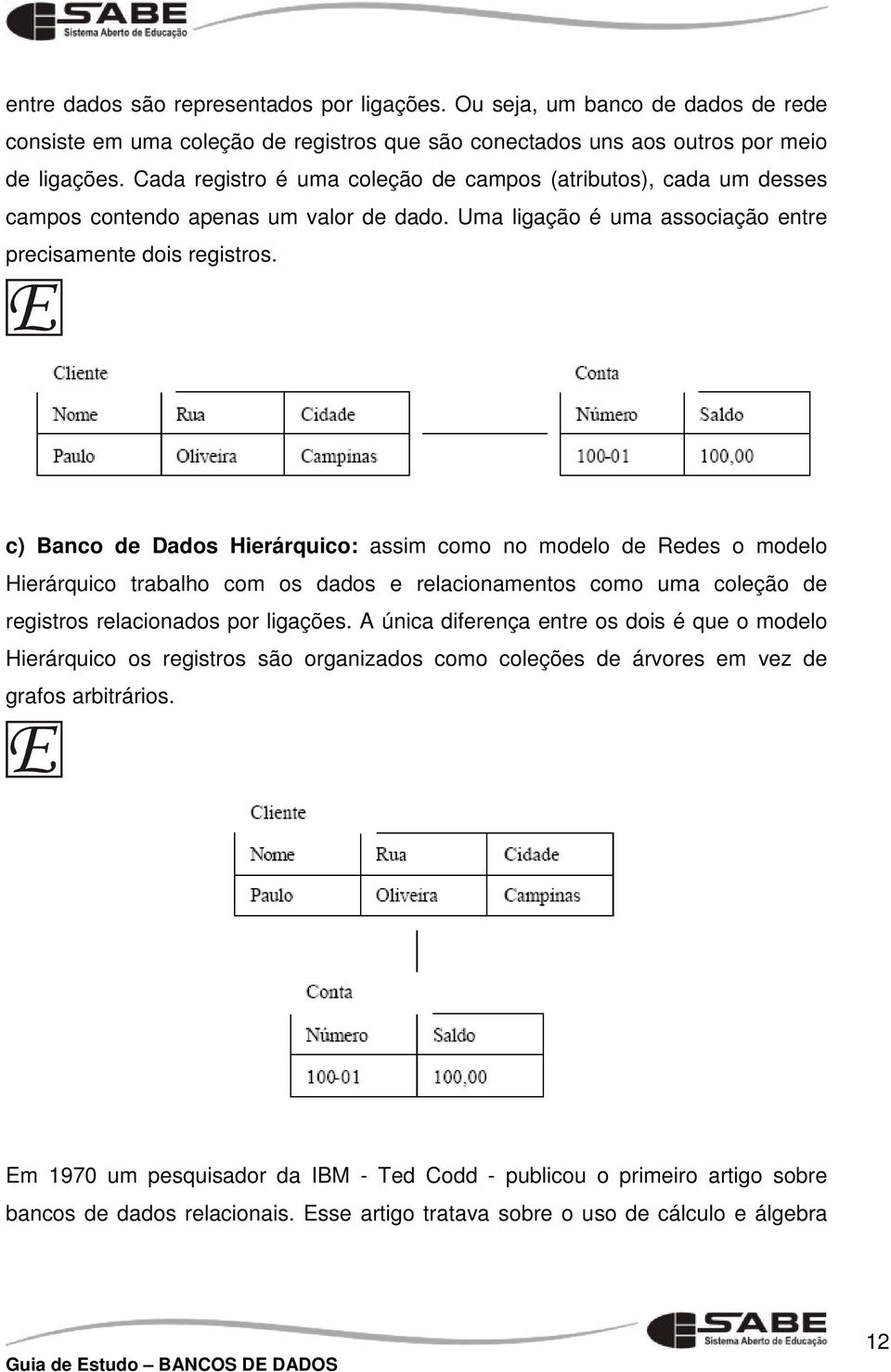 c) Banco de Dados Hierárquico: assim como no modelo de Redes o modelo Hierárquico trabalho com os dados e relacionamentos como uma coleção de registros relacionados por ligações.