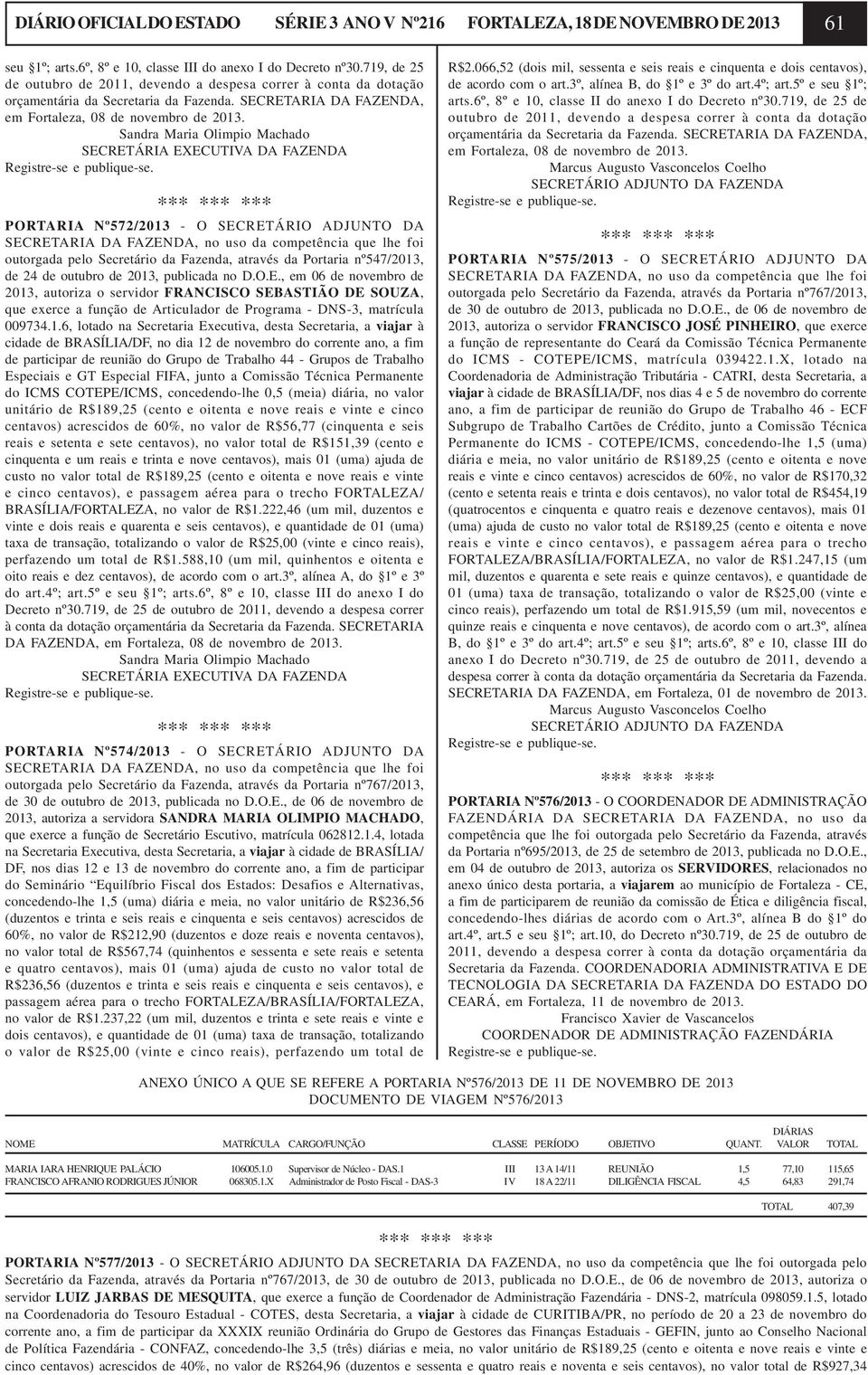 Sandra Maria Olimpio Machado SECRETÁRIA EXECUTIVA DA FAZENDA PORTARIA Nº572/2013 - O SECRETÁRIO ADJUNTO DA SECRETARIA DA FAZENDA, no uso da competência que lhe foi outorgada pelo Secretário da