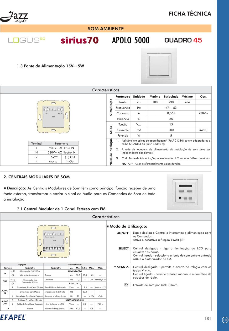 Eficiência % 85 Tensão V 15 Corrente ma 300 (Máx.) Potência W 5 1. Aplicável em caixas de aparelhagem* (Ref.ª 21380) ou em adaptadores a calha QUADRO 45 (Ref.ª 45380 S); 2.