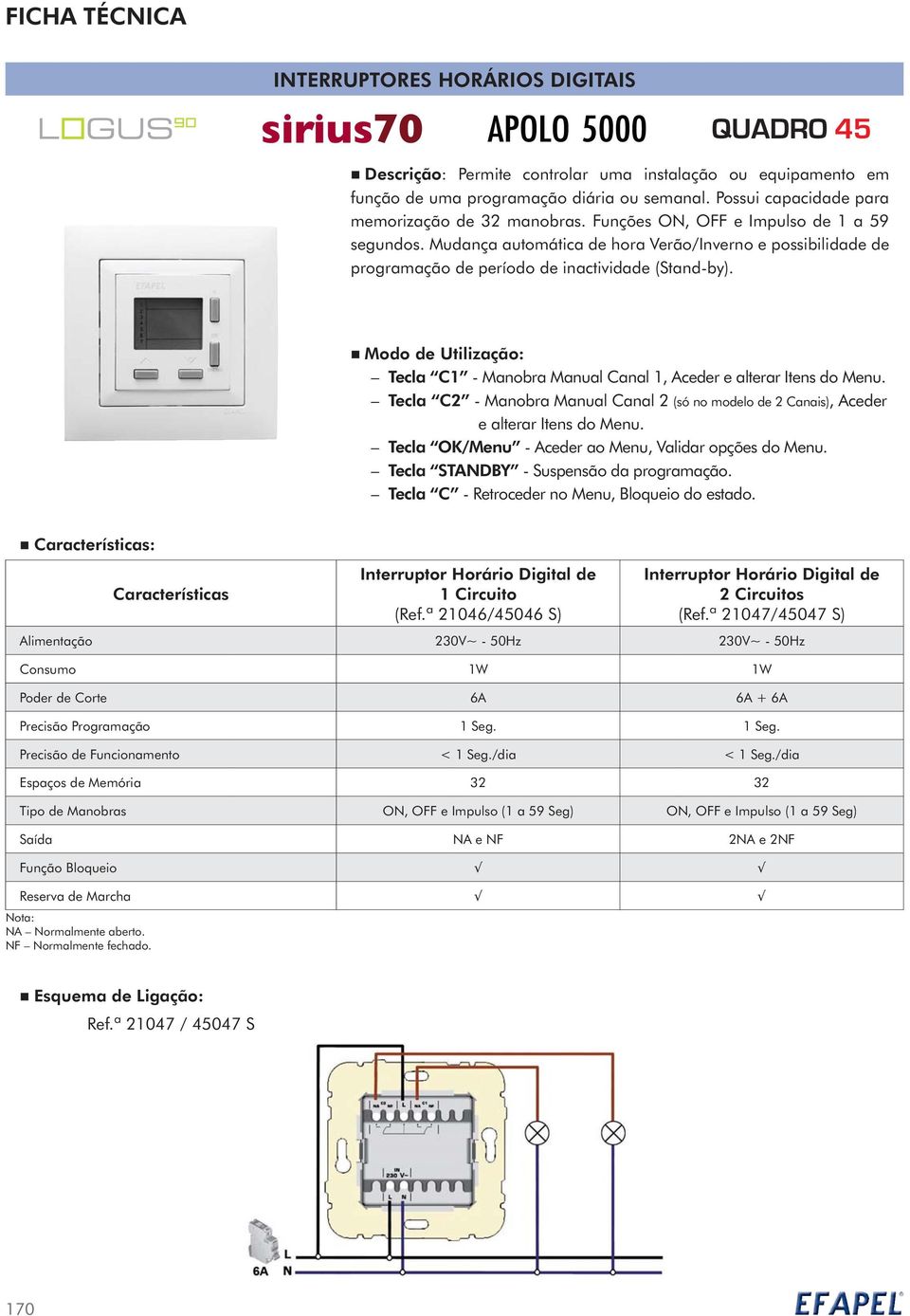 Mudança automática de hora Verão/Inverno e possibilidade de programação de período de inactividade (Stand-by). Modo de Utilização: Tecla C1 - Manobra Manual Canal 1, Aceder e alterar Itens do Menu.