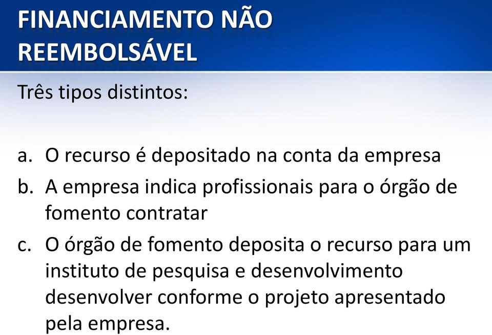 A empresa indica profissionais para o órgão de fomento contratar c.