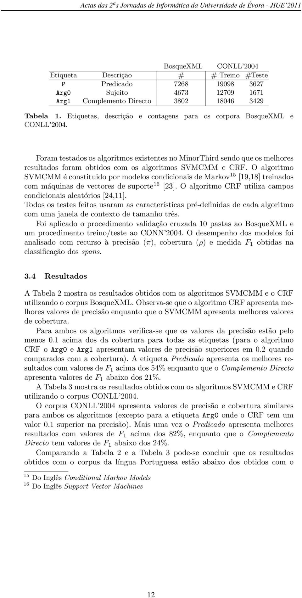 Foram testados os algoritmos existentes no MinorThird sendo que os melhores resultados foram obtidos com os algoritmos SVMCMM e CRF.