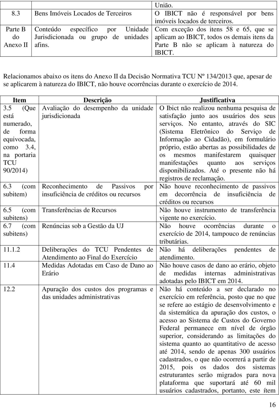 Com exceção dos itens 58 e 65, que se aplicam ao IBICT, todos os demais itens da Parte B não se aplicam à natureza do IBICT.