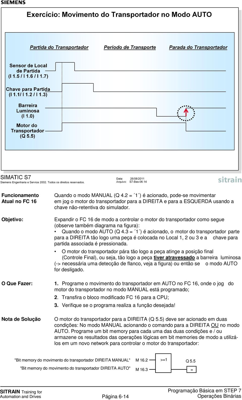 Expandir o FC 16 de modo a controlar o motor do transportador como segue (observe também diagrama na figura): Quando o modo AUTO (Q 4.