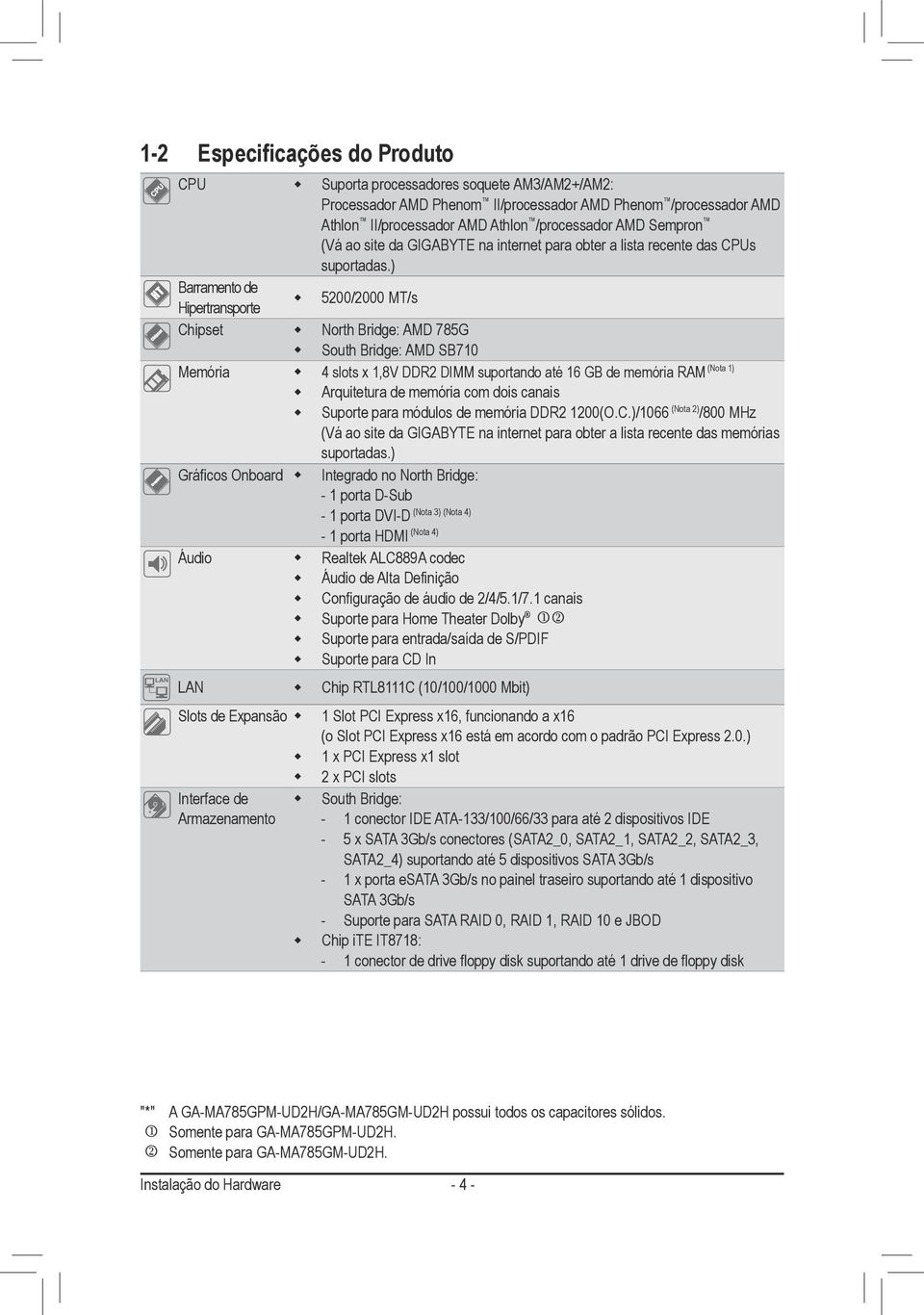 ) 5200/2000 MT/s Gráficos Onboard North Bridge: AMD 785G South Bridge: AMD SB70 4 slots x,8v DDR2 DIMM suportando até 6 GB de memória RAM (Nota ) Arquitetura de memória com dois canais Suporte para