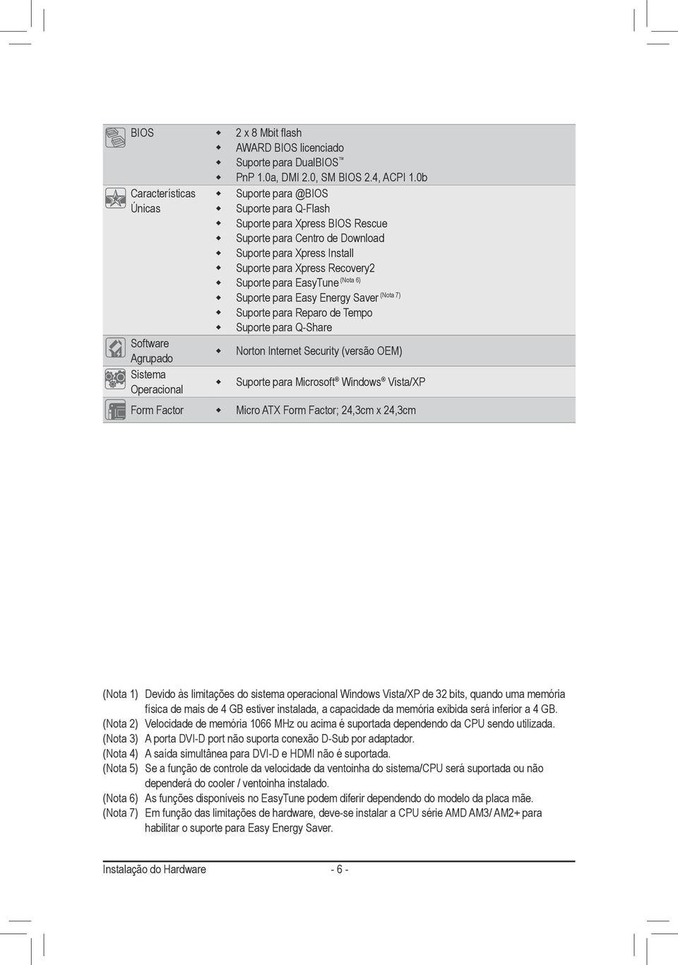 w (Nota 6) Suporte para EasyTune w (Nota 7) Suporte para Easy Energy Saver w Suporte para Reparo de Tempo w Suporte para Q-Share Software Agrupado w Norton Internet Security (versão OEM) Sistema