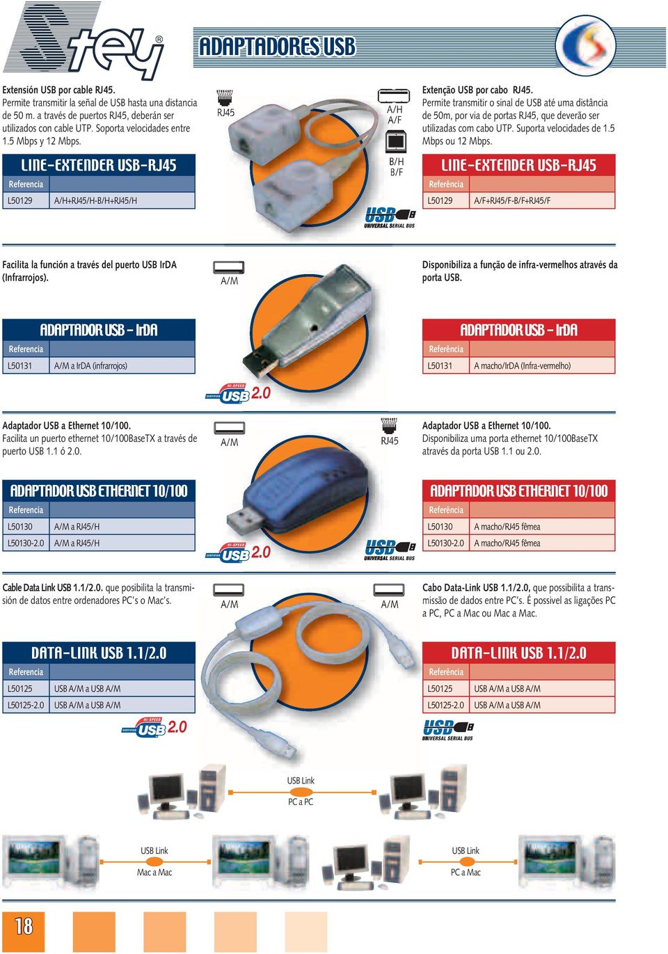 Permite transmitir o sinal de USB até uma distância de 50m, por via de portas RJ45, que deverão ser utilizadas com cabo UTP. Suporta velocidades de 1.5 Mbps ou 12 Mbps.