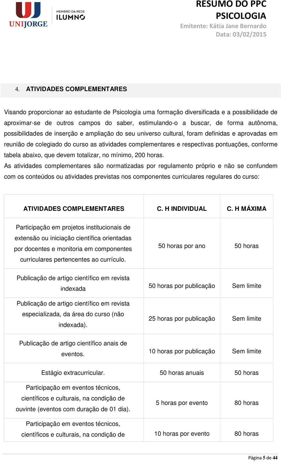 tabela abaixo, que devem totalizar, no mínimo, 200 horas.