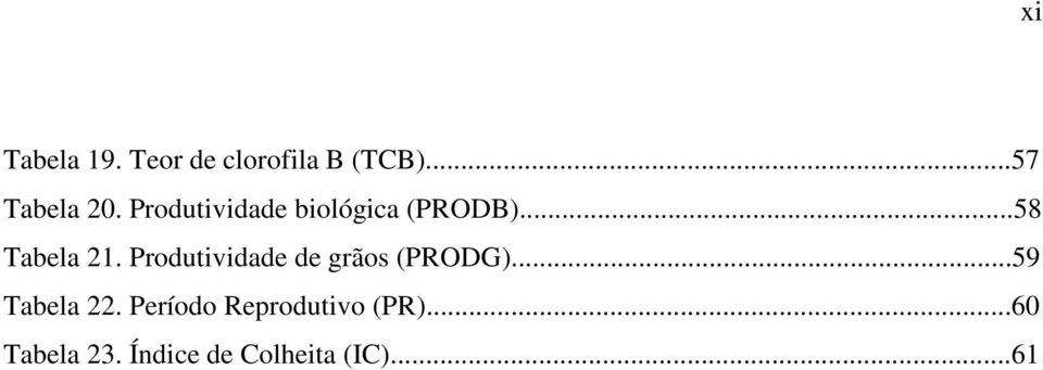 Produtividade de grãos (PRODG)...59 Tabela 22.