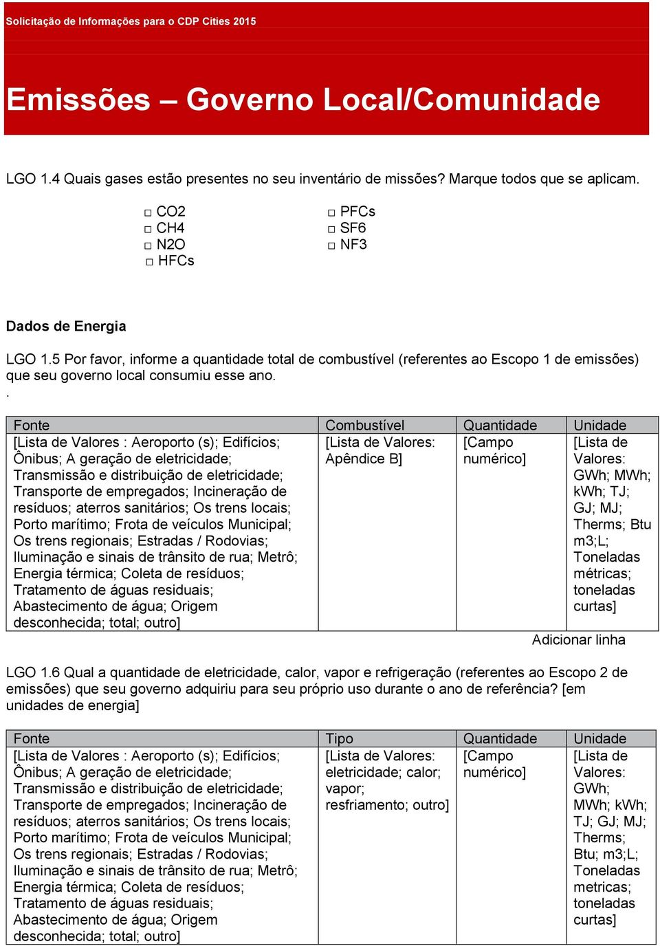 . Fonte Combustível Quantidade Unidade [Lista de Valores : Aeroporto (s); Edifícios; Ônibus; A geração de eletricidade; Transmissão e distribuição de eletricidade; Transporte de empregados;