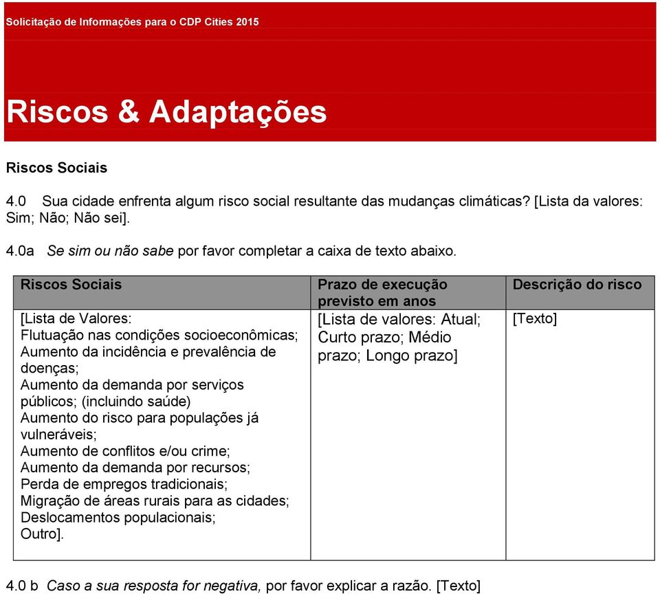 vulneráveis; Aumento de conflitos e/ou crime; Aumento da demanda por recursos; Perda de empregos tradicionais; Migração de áreas rurais para as cidades; Deslocamentos populacionais; Outro].