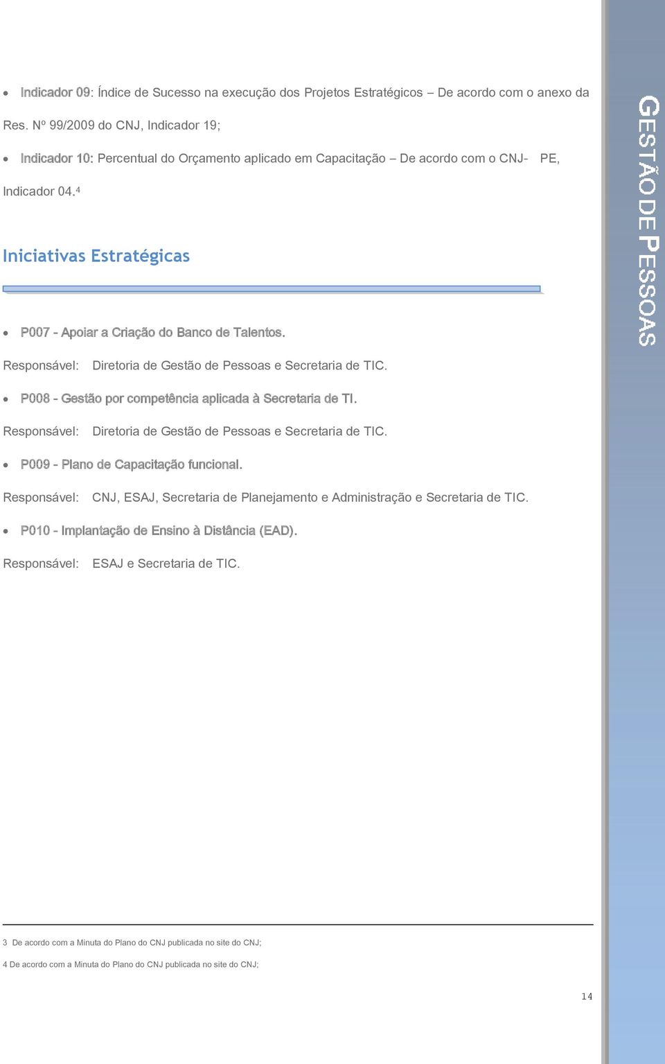 4 Iniciativas Estratégicas P007 - Apoiar a Criação do Banco de Talentos. Diretoria de Gestão de Pessoas e P008 - Gestão por competência aplicada à Secretaria de TI.