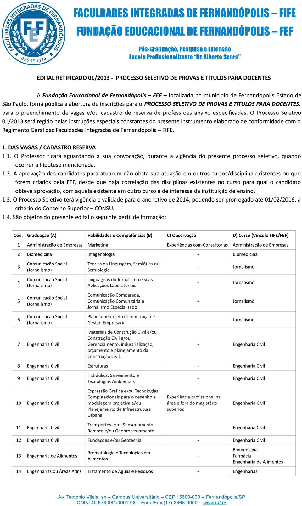 O Processo Seletivo 01/2013 será regido pelas instruções especiais constantes do presente instrumento elaborado de conformidade com o Regimento Geral das Faculdades Integradas de Fernandópolis FIFE.