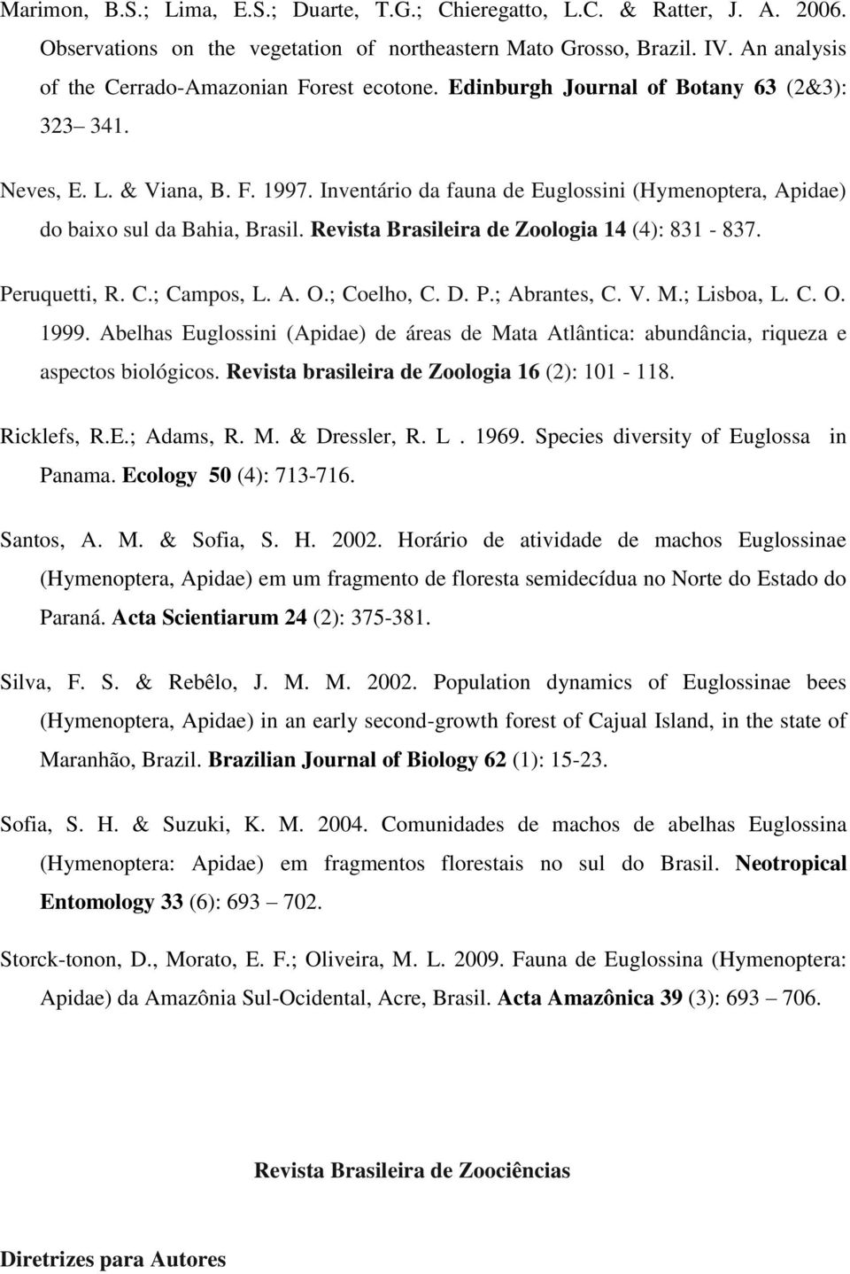 Inventário da fauna de Euglossini (Hymenoptera, Apidae) do baixo sul da Bahia, Brasil. Revista Brasileira de Zoologia 14 (4): 831-837. Peruquetti, R. C.; Campos, L. A. O.; Coelho, C. D. P.; Abrantes, C.