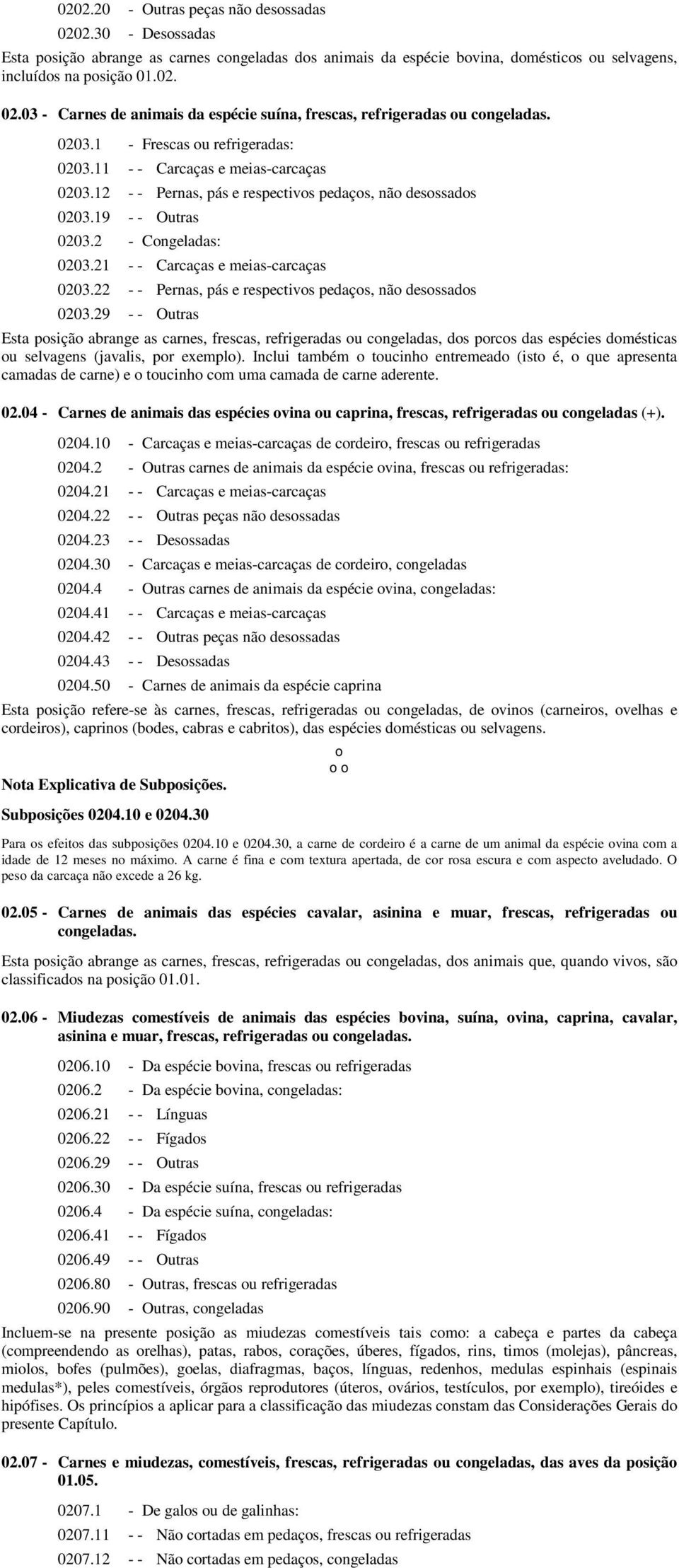 12 - - Pernas, pás e respectivos pedaços, não desossados 0203.19 - - Outras 0203.2 - Congeladas: 0203.21 - - Carcaças e meias-carcaças 0203.