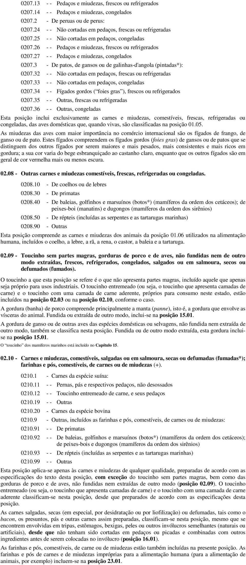 3 - De patos, de gansos ou de galinhas-d'angola (pintadas*): 0207.32 - - Não cortadas em pedaços, frescas ou refrigeradas 0207.33 - - Não cortadas em pedaços, congeladas 0207.