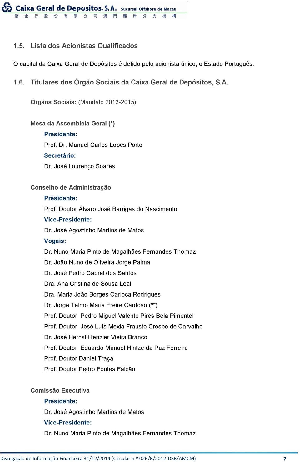 José Agostinho Martins de Matos Vogais: Dr. Nuno Maria Pinto de Magalhães Fernandes Thomaz Dr. João Nuno de Oliveira Jorge Palma Dr. José Pedro Cabral dos Santos Dra. Ana Cristina de Sousa Leal Dra.