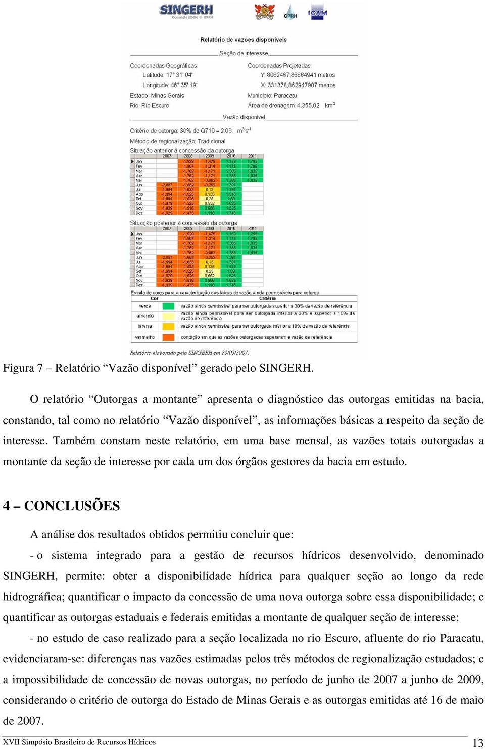 Também constam neste relatório, em uma base mensal, as vazões totais outorgadas a montante da seção de interesse por cada um dos órgãos gestores da bacia em estudo.