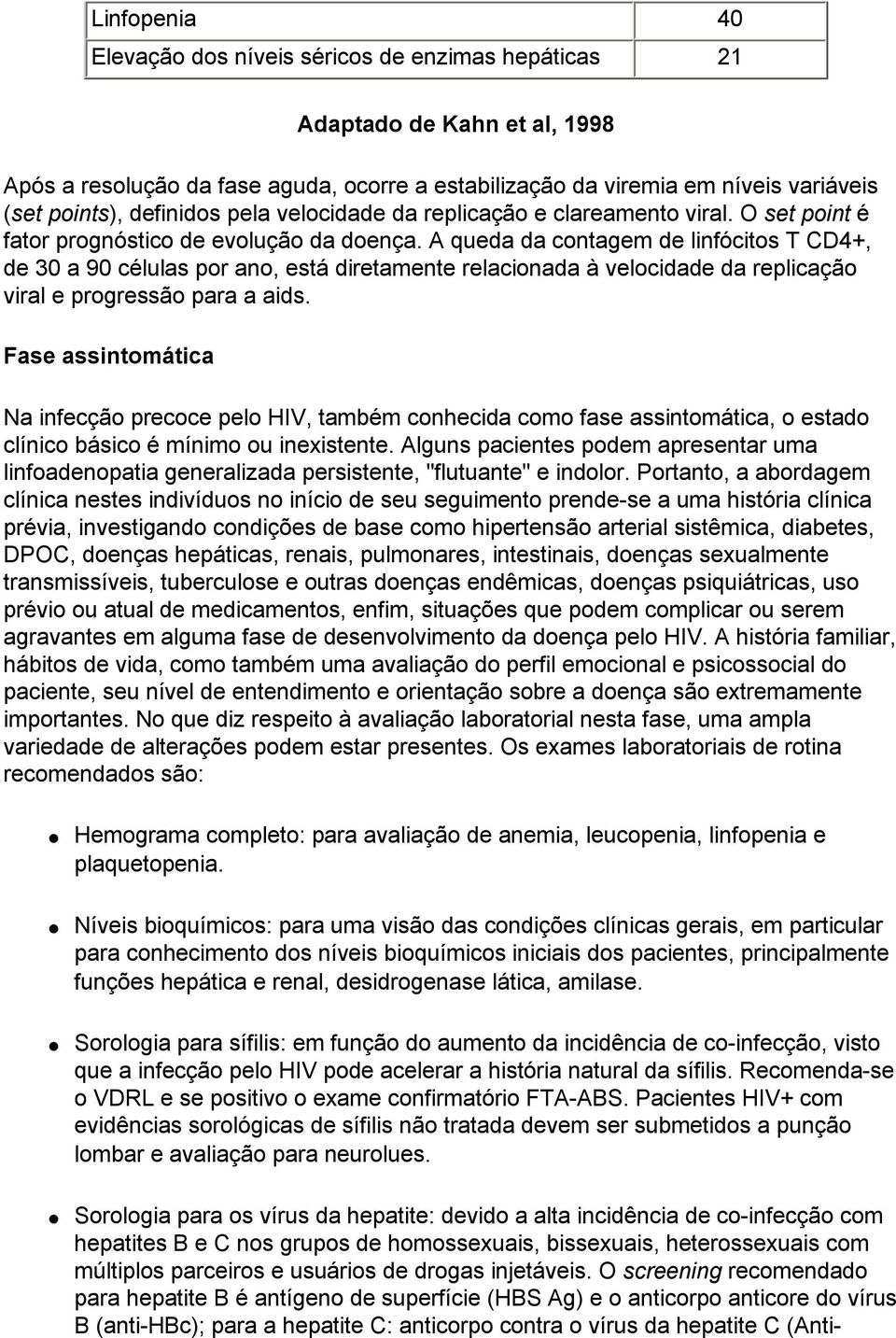 A queda da contagem de linfócitos T CD4+, de 30 a 90 células por ano, está diretamente relacionada à velocidade da replicação viral e progressão para a aids.