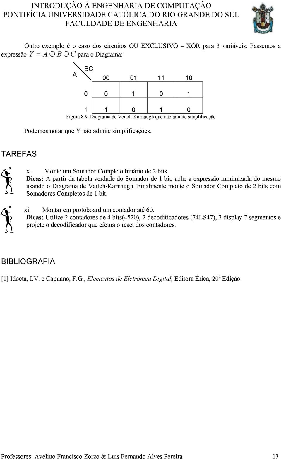 Dicas: partir da tabela verdade do Somador de bit, ache a expressão minimizada do mesmo usando o Diagrama de Veitch-Karnaugh.