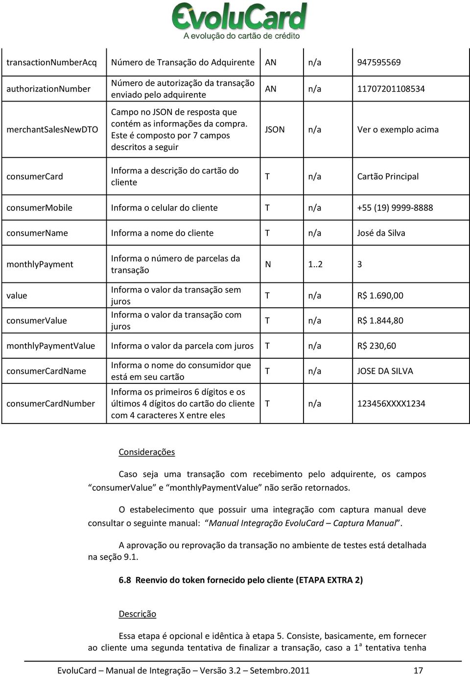 Este é composto por 7 campos descritos a seguir AN n/a 11707201108534 JSON n/a Ver o exemplo acima consumercard Informa a descrição do cartão do cliente T n/a Cartão Principal consumermobile Informa