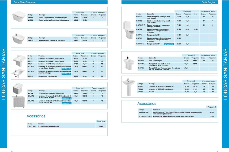 70,00 84,00 30 30 RGTM3I Tampo sanita em madeira com dobradiças em aço inoxidável cromado 37,50 44,50 44,50 RGTP2 Tampo sanita ABS 19,00 22,50 NXBD3 Bidé suspenso com kit de instalação 79,00 102,50