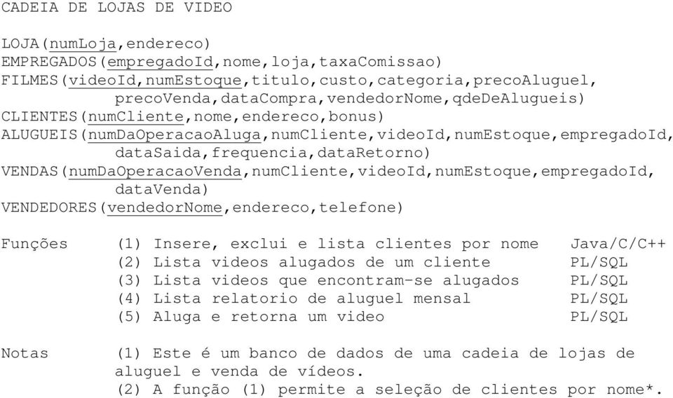 VENDAS(numDaOperacaoVenda,numCliente,videoId,numEstoque,empregadoId, datavenda) VENDEDORES(vendedorNome,endereco,telefone) Funções (1) Insere, exclui e lista clientes por nome Java/C/C++ (2) Lista