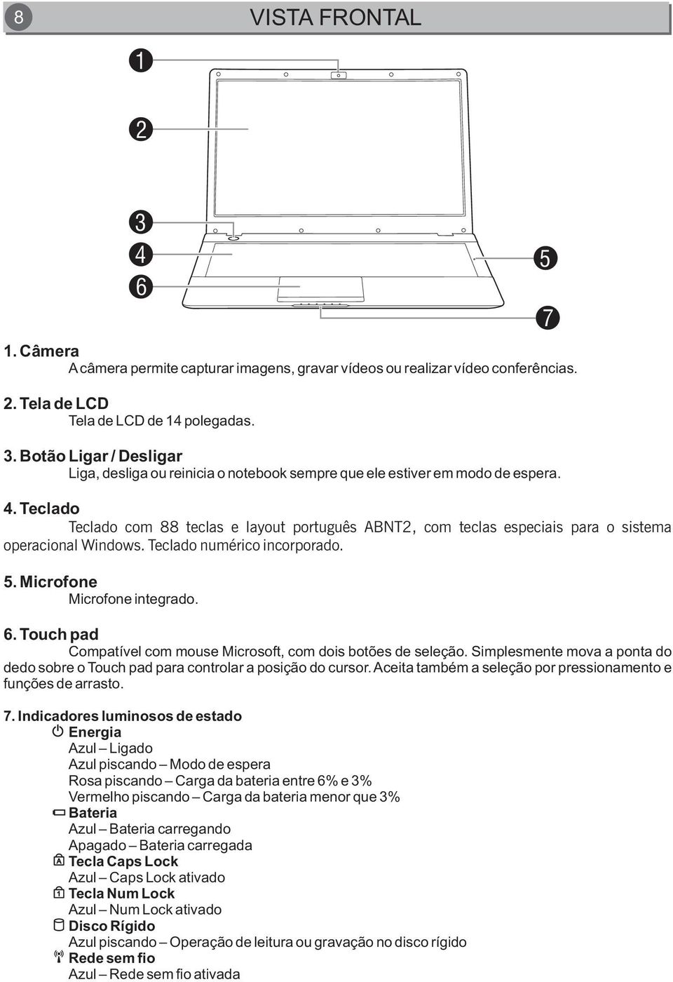 Touch pad Compatível com mouse Microsoft, com dois botões de seleção. Simplesmente mova a ponta do dedo sobre o Touch pad para controlar a posição do cursor.