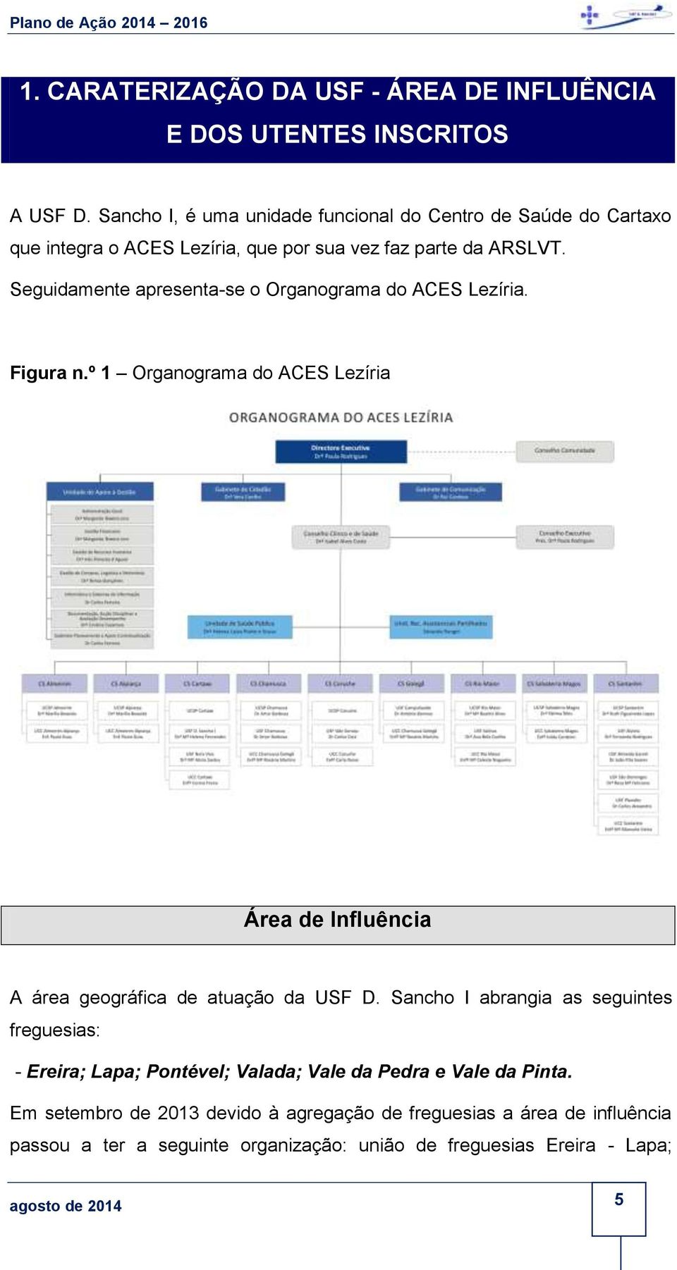 Seguidamente apresenta-se o Organograma do ACES Lezíria. Figura n.º 1 Organograma do ACES Lezíria Área de Influência A área geográfica de atuação da USF D.