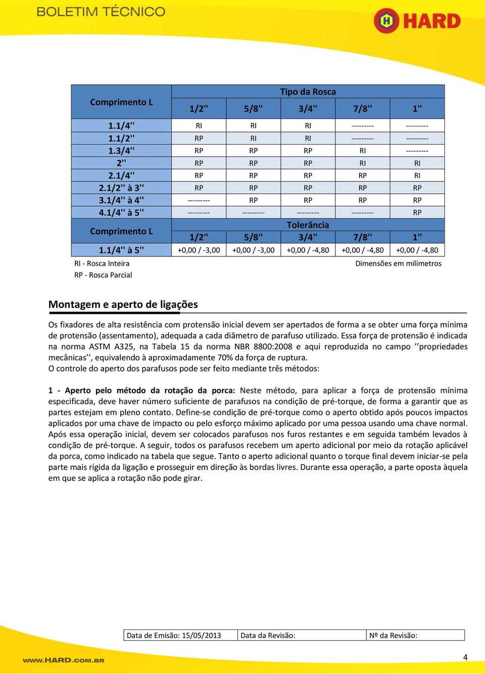 1/4'' à 5'' +0,00 / -3,00 +0,00 / -3,00 +0,00 / -4,80 +0,00 / -4,80 +0,00 / -4,80 RI - Rosca Inteira RP - Rosca Parcial Dimensões em milímetros Montagem e aperto de ligações Os fixadores de alta