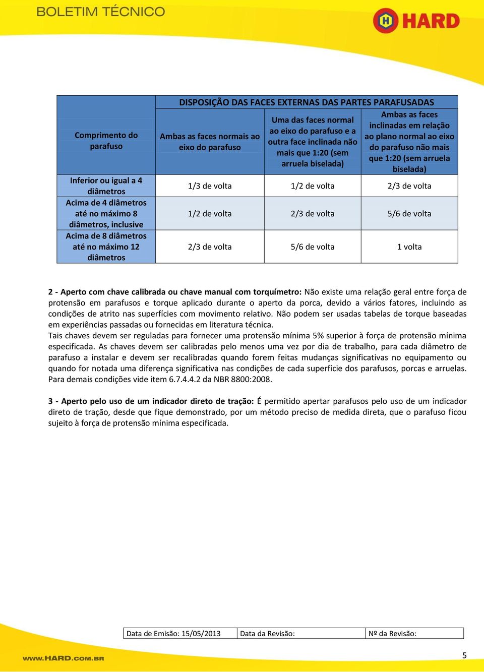 relação ao plano normal ao eixo do parafuso não mais que 1:20 (sem arruela biselada) 1/3 de volta 1/2 de volta 2/3 de volta 1/2 de volta 2/3 de volta 5/6 de volta 2/3 de volta 5/6 de volta 1 volta 2