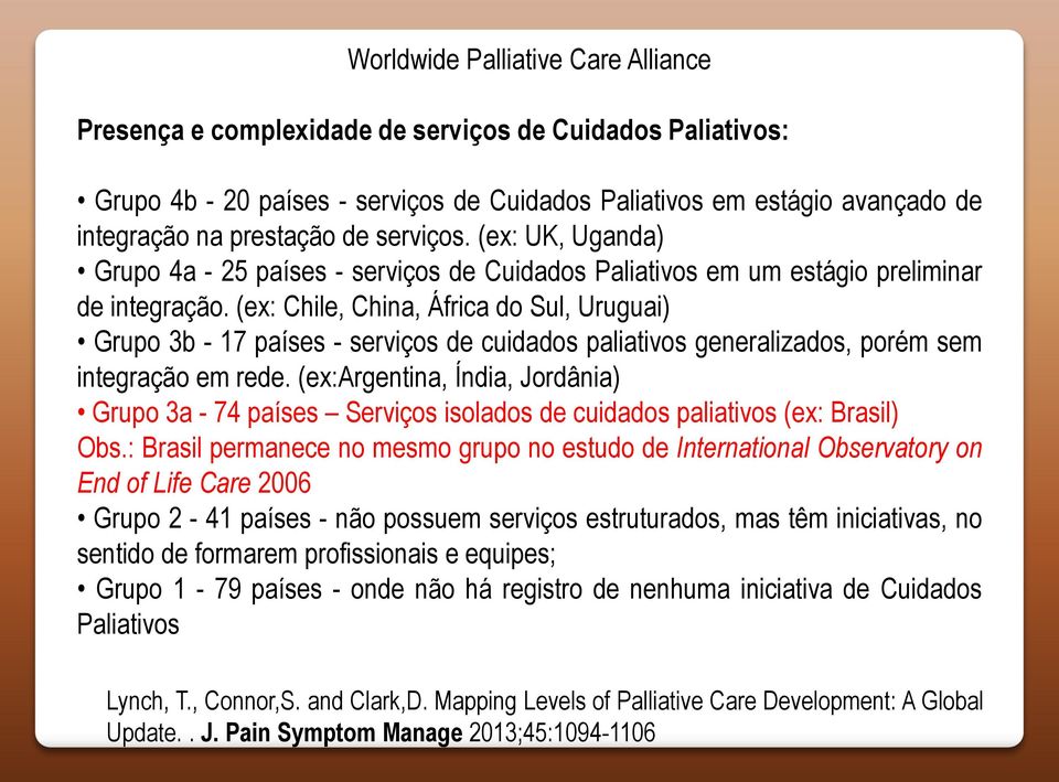 (ex: Chile, China, África do Sul, Uruguai) Grupo 3b - 17 países - serviços de cuidados paliativos generalizados, porém sem integração em rede.